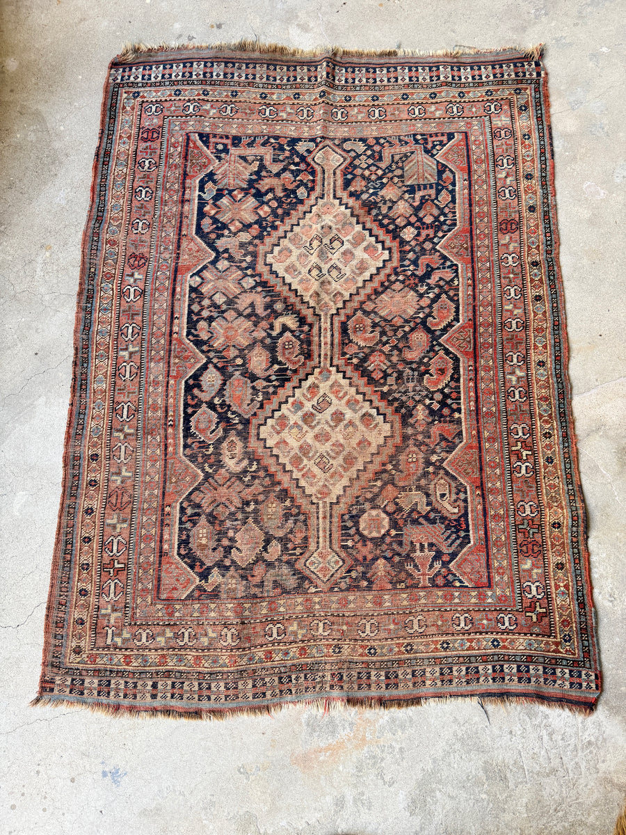 Worn Antique Persian Shabby Chic Shiraz Rug / 4'4 x 6'1 Persian