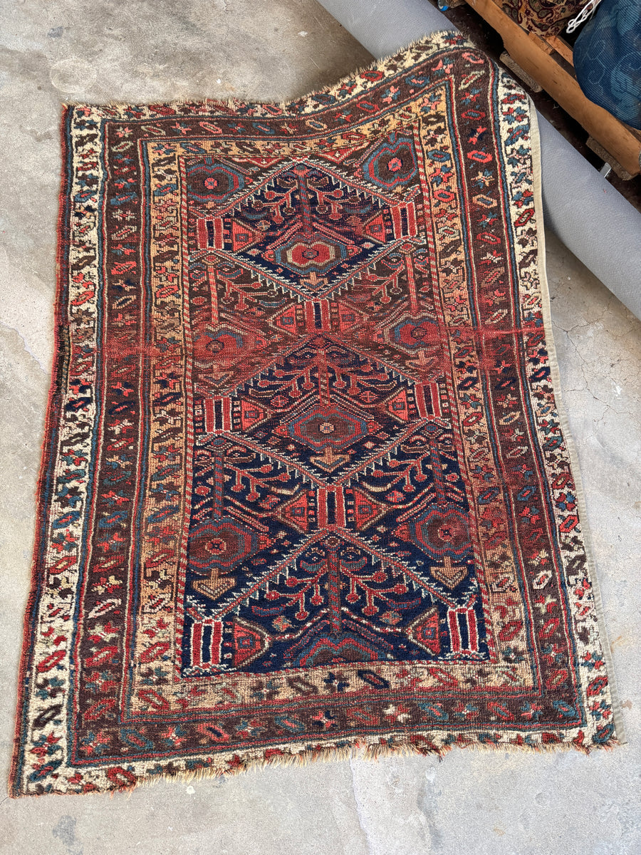 Worn Antique Persian Afshar Rug / 4'4 x 5'7 Rug #4423 – Blue