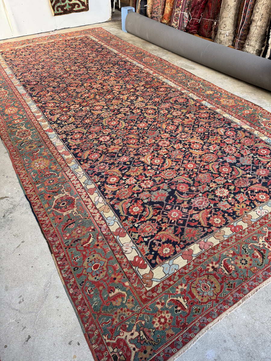 Palatial Antique Persian Mahal with Navy and Teal / 8'7 x 18'3 Rug