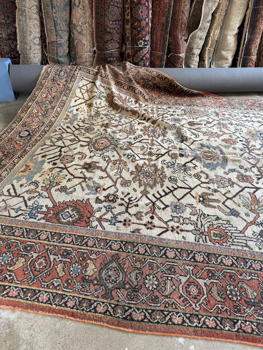 Antique Persian Mahal Rug 9x13 / Large Vintage Ivory Ground 1920s