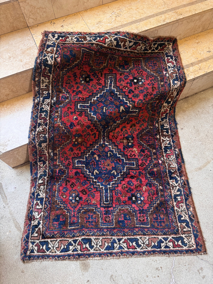 Small and Soft Berry and Blue Antique Persian Tribal Scatter Rug