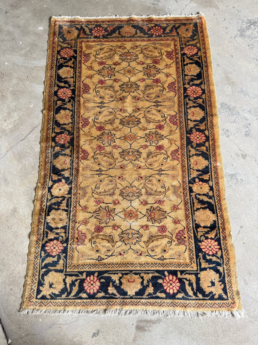 Vintage Turkish Rug with Warm Camel Field and Floral Vine Design