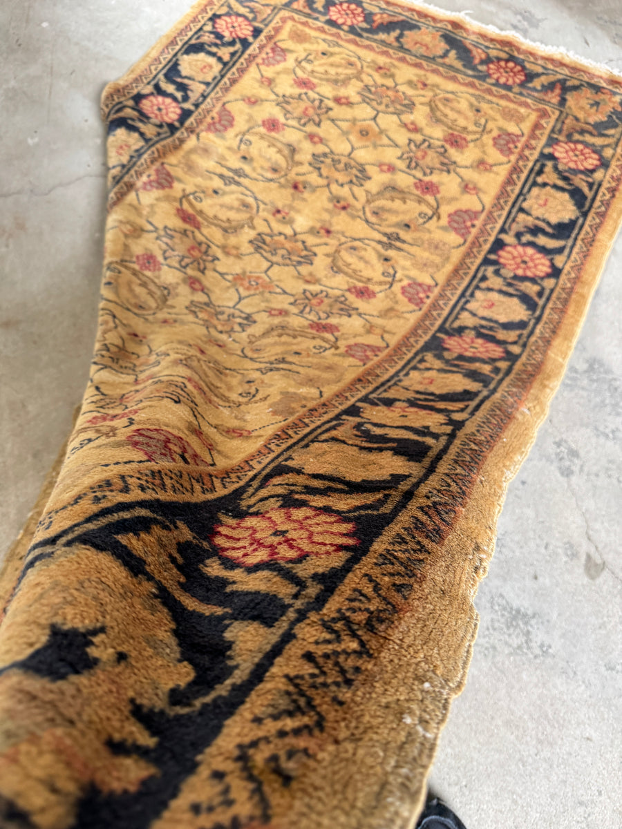 Vintage Turkish Rug with Warm Camel Field and Floral Vine Design