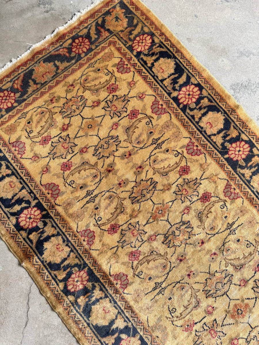Vintage Turkish Rug with Warm Camel Field and Floral Vine Design