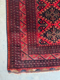 Corner view of border-heavy Afghani rug with botanical motifs and ribbon-like pattern bands.