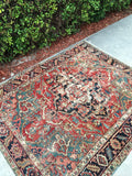4'10" x 5’11” Antique Heriz with Teal - Blue Parakeet Rugs