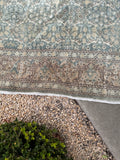 Green Tabriz Persian area rug hand knotted in wool with a soft celadon and mint palette, ivory details and Shah Abbasi flowers.