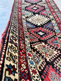 3x16 black ivory antique Caucasian runner rug, tribal diamond medallion wool runner, circa 1880 hand knotted textile.