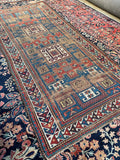 Antique Caucasian Kazak runner rug in aqua blue with tribal geometric motifs, size 3x8.