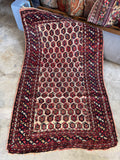 1920s antique paisley scatter rug with ivory ground and red accents, size 3x6.
