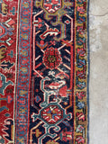 Border band of 9x12 old Persian Heriz rug, red blue ivory antique area rug with timeless geometric movement.