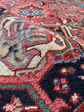8x11 antique Persian Heriz rug, coral and French blue wool rug with camel border, hand knotted Northwest Persian area rug from the 1920s with tribal medallion design and vegetable dyed wool.