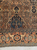 Antique Bibikabad rug with stylized turtle motif border and active field design.