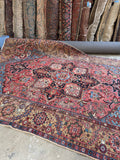 1920s large vintage Heriz rug coral blue camel border wool.