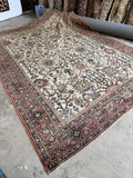1920s large vintage wool rug ivory and blue Persian Mahal.