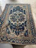 Antique Persian Malayer Rug / 4'5 x 6'6 Midnight Blue Field and Ivory Geometric Medallion Persian Rug #4531