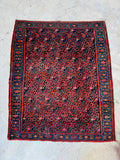 Full view of bold 1920s Persian rug with strong personality and deep red and navy tones.
