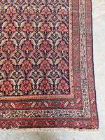 Corner view of Persian rug with multiple border bands and ivory caterpillar pattern.