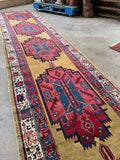 Antique tribal runner rug. 3x16. Bold medallion red blue gold.