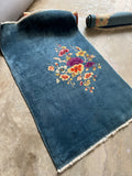 3x5 blue floral Chinese Art Deco rug, vintage hand knotted wool rug, antique plush pile area rug.