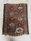 3x4 red blue Kazak rug, antique Caucasian tribal rug with crab motifs and authentic age worn character.