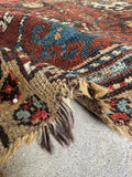 3x4 antique Caucasian rug, brick red and blue tribal Kazak rug with crab motifs and timeworn patina.