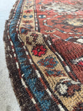 3x4 antique tribal rug, red and ivory Kazak rug with crab motifs and rustic farmhouse appeal.