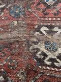 3x4 blue red Caucasian rug, hand knotted tribal Kazak rug with low pile and exposed foundation.