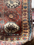3x4 brick red tribal rug, antique Kazak rug with geometric motifs and faded vegetable dyed colors.