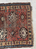 3x4 shabby chic tribal rug, antique red blue Kazak rug with authentic wear and collected character.