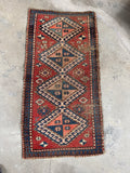 3x5 blue red Caucasian rug, vintage hand knotted Kazak rug with tribal motifs and distressed surface.