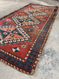 3x5 distressed tribal rug, antique Caucasian Kazak rug with low pile and timeworn farmhouse character.