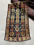 3x5 blue ivory Caucasian rug, antique tribal geometric wool rug with lattice design and rich abrash.