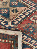 3x5 antique Caucasian rug, brick red and indigo Kazak rug with authentic wear and tribal medallions.