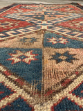 3x5 red blue vintage rug, hand knotted Kazak area rug with tribal borders and softened colors.