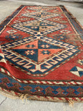 3x5 shabby chic tribal rug, antique Kazak rug with worn surface, geometric design, and rustic appeal.