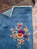Blue Open Field Antique Chinese Art Deco Rug / 3x5 Vintage Blue Rug #4468