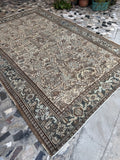 7x10 Vintage Persian Heriz Rug with ice blue and peached ivory