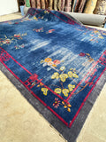 11x14 Antique Blue Chinese Rug / 11x14 Vintage Rug #3845