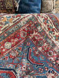 Worn Tribal Vintage French Blue Ground Rug / Shabby Chic 4’3 x 9’8 Rug #4386