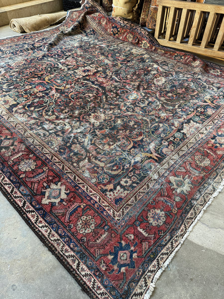 Large Worn Navy Blue Persian Rug / Distressed Antique 9’2 x 11’4 Mahal Rug #4208