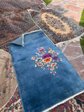 Blue Open Field Antique Chinese Art Deco Rug / 3x5 Vintage Blue Rug #4468