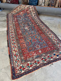 Worn Tribal Vintage French Blue Ground Rug / Shabby Chic 4’3 x 9’8 Rug #4386