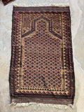 Early 1900s Baluchi Prayer Rug in Earthy Eggplant and Camel Tones / 2'6 x 4'1 Rug #4385