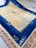 7x10 Bone Ivory and Blue Antique Peking Rug /  7'1 x 9'9 Open Field Blue Floral Border Chinese #3764