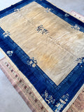 7x10 Bone Ivory and Blue Antique Peking Rug /  7'1 x 9'9 Open Field Blue Floral Border Chinese #3764