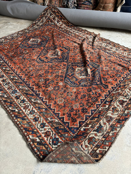 7x9 Tribal Persian Rug on Rust Ground #3473 / Large Vintage Rug