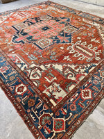 Antique Persian Heriz Serapi Rug with Rust / 9'9 x 11'8 Persian Rug #3848