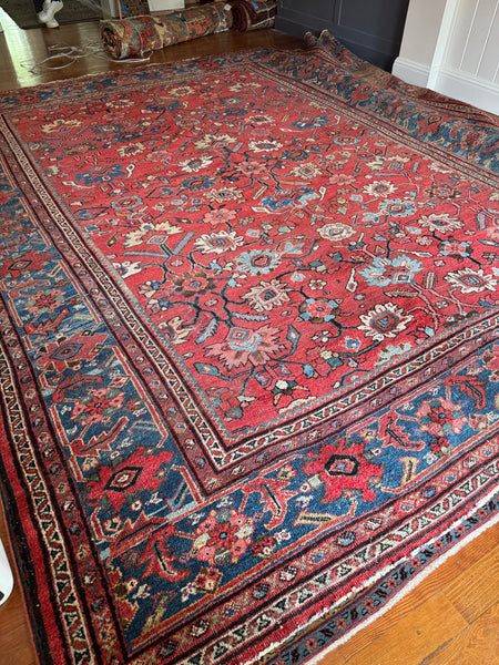 9x12 Hot Coral Large Worn Vintage Rug / Floral Persian Mahal Rug