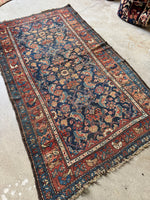 Small Antique Persian Rug / Navy Blue and Rust  3'5 x 6' Hamadan Rug #3895